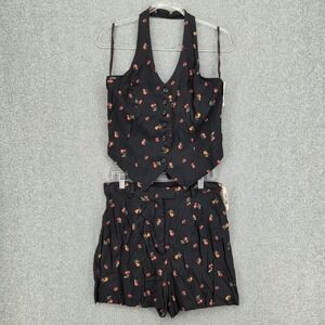 VTG NEW Deadstock GSL 13 Halter Vest Top & Short Set Fruit AOP Black USA Y2K 90s